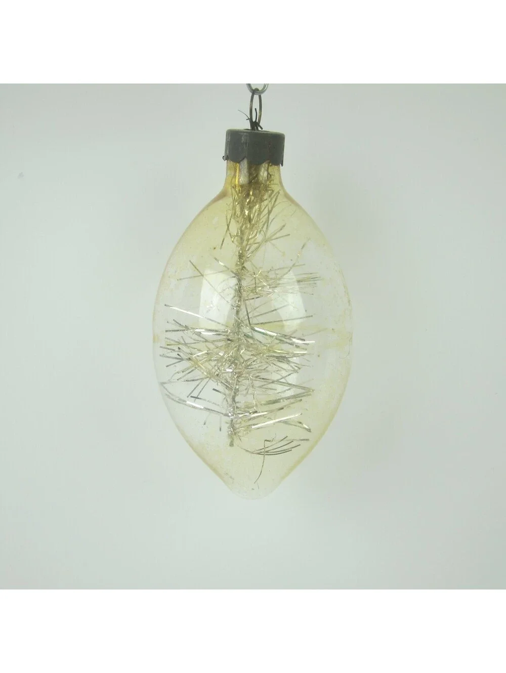 Vintage Unsilvered Glass DROP Christmas Ornament Gold Tinsel Stick 2.5